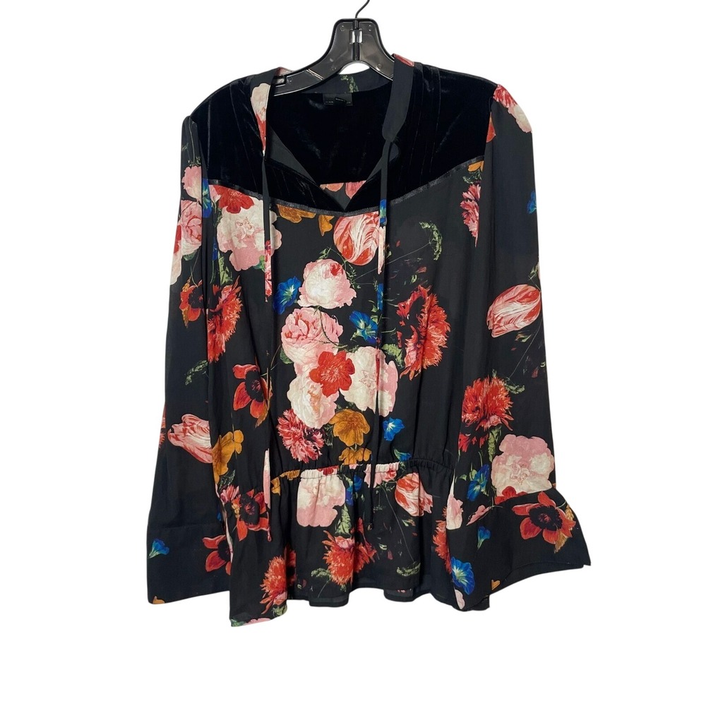 Worthington Floral Velvet Trim Tunic Blouse Black Womens L Drop Waist Tie Neck